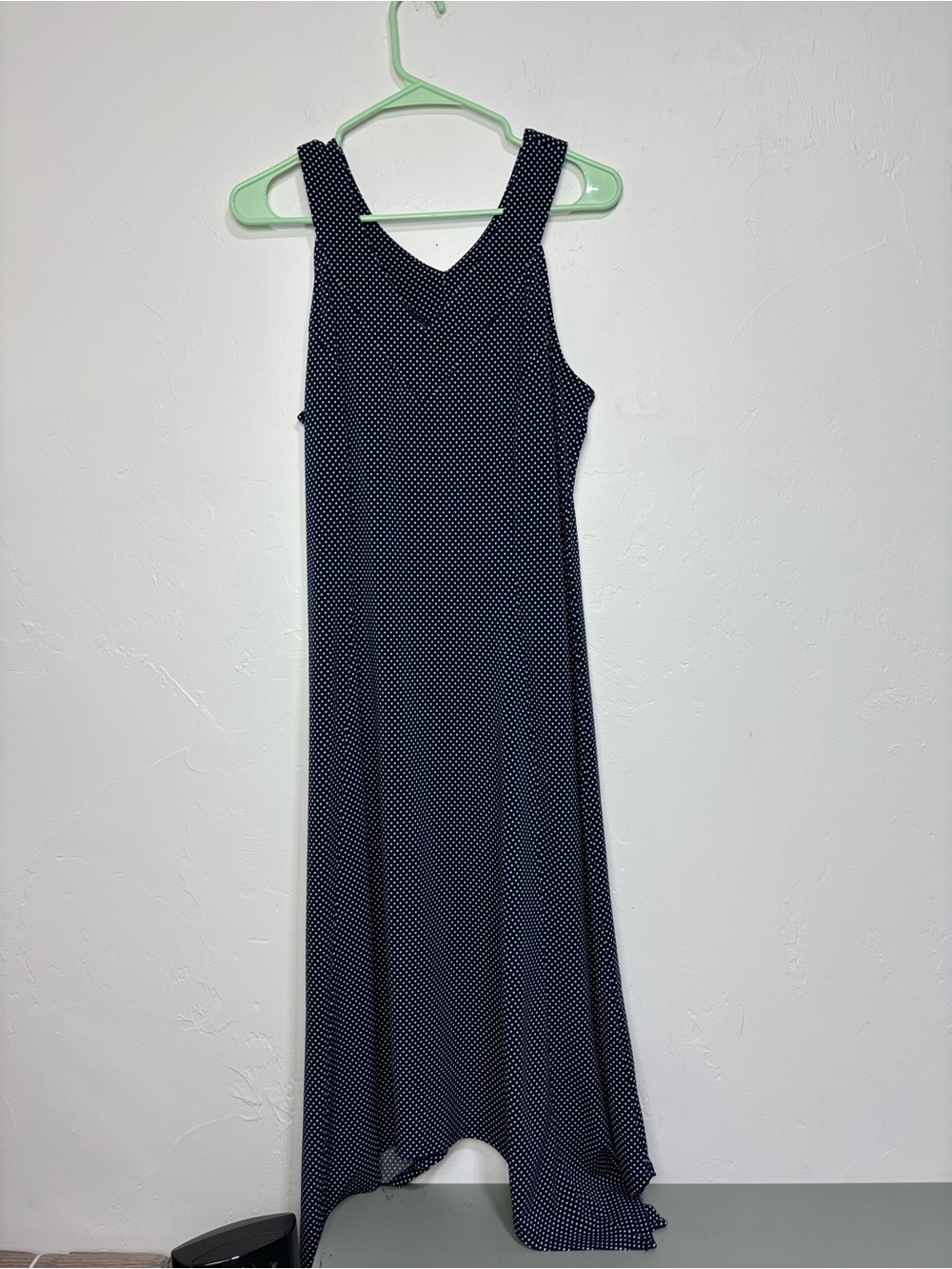 Adrianna Papell Women's Medium Blue Navy White Polka Dot Sharkbite Dress Midi